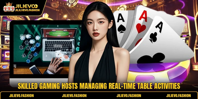 Skilled gaming hosts managing real-time table activities